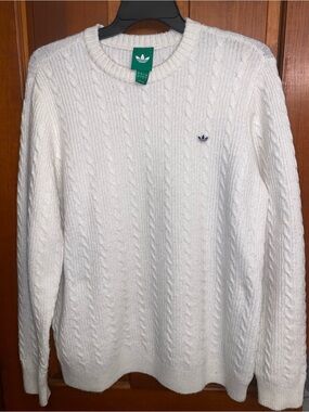 adidas White Cable Knit Crewneck Sweater with Trefoil